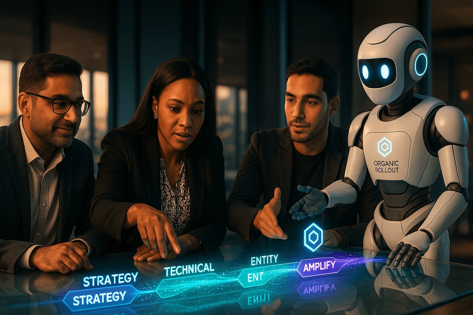 A South African CMO, marketing lead and Algorithm strategist standing around a glowing holographic roadmap that shows the four sprints of the Organic rollout flowing forward into the future. The friendly Algorithm robot is present, mirroring the strategist's posture.