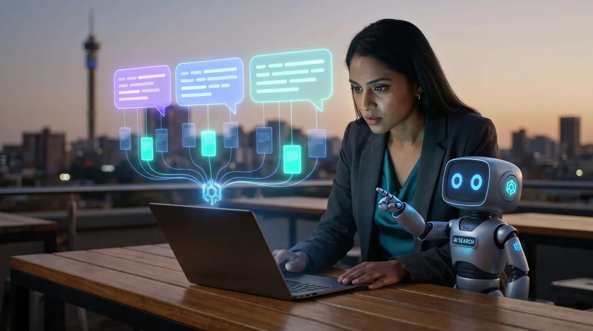 A South African strategist on a Johannesburg rooftop with the Algorithm robot, reading three AI answers and the sources each one trusted