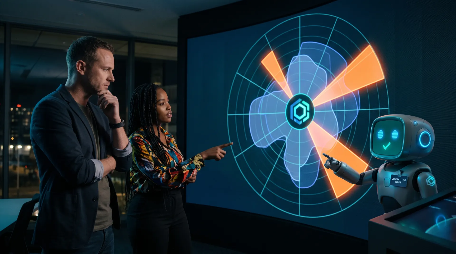 Two South African strategists and the Algorithm robot reading a competitor radar with three orange gaps no competitor reaches
