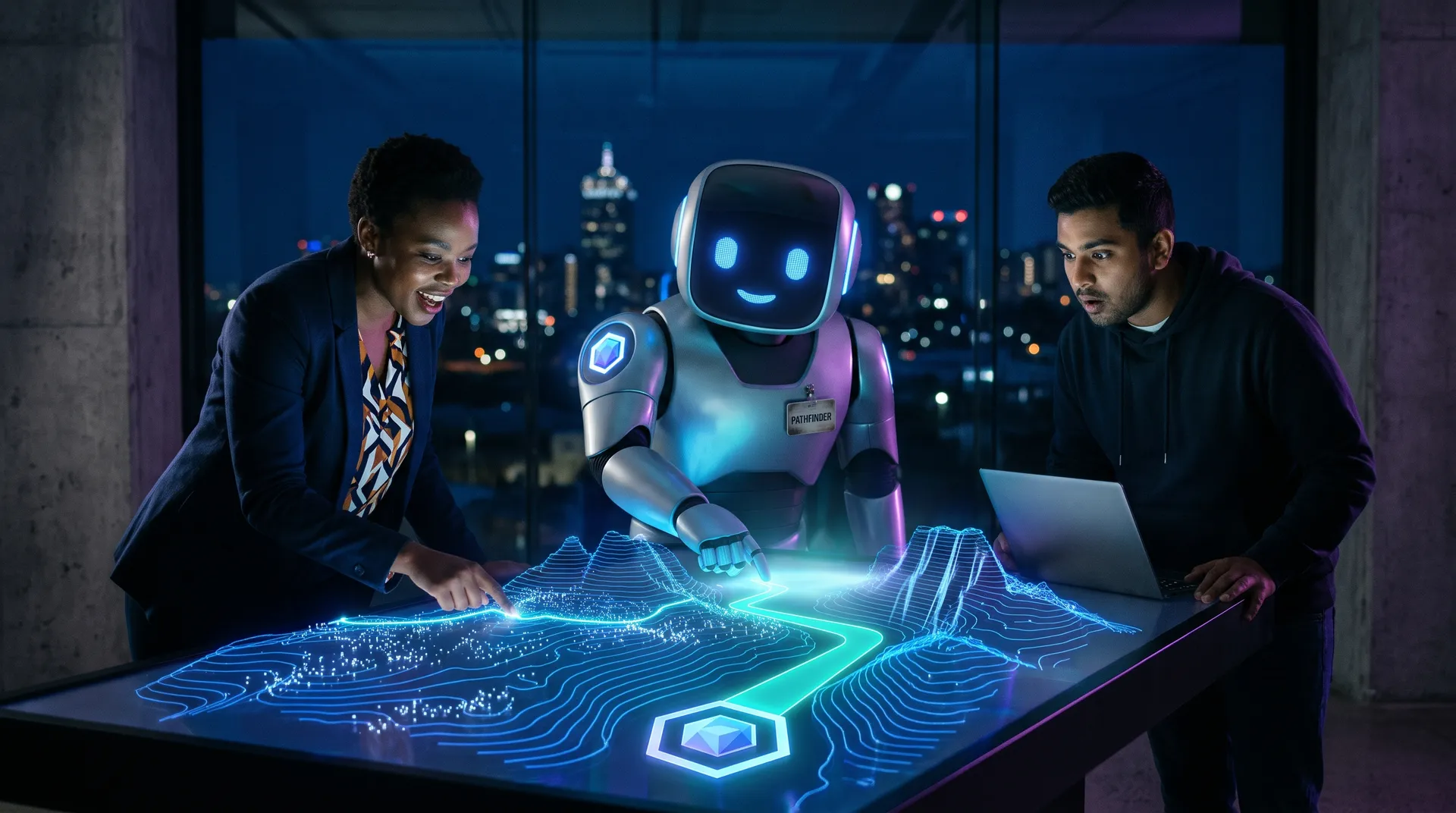 Two South African marketers and the Algorithm robot reading a glowing map of a market, with a teal path running through a gap between competitors