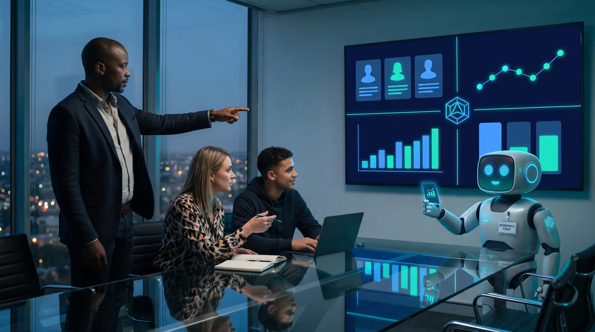 A South African marketing team in a Sandton boardroom reviewing a Pathfinder dashboard of personas, a customer journey and demand charts with the Algorithm robot