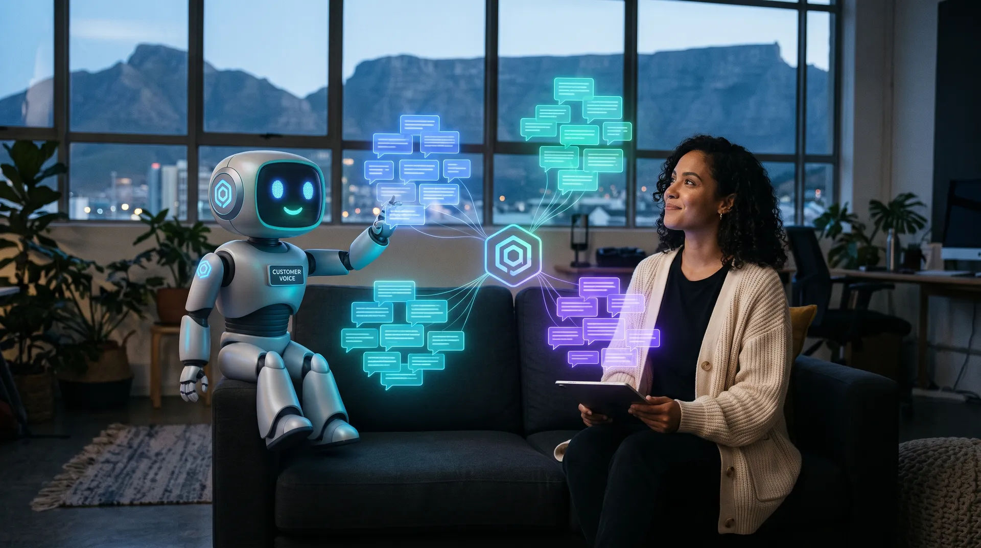 A South African strategist in Cape Town and the Algorithm robot sorting floating customer comments into three colour-coded themes